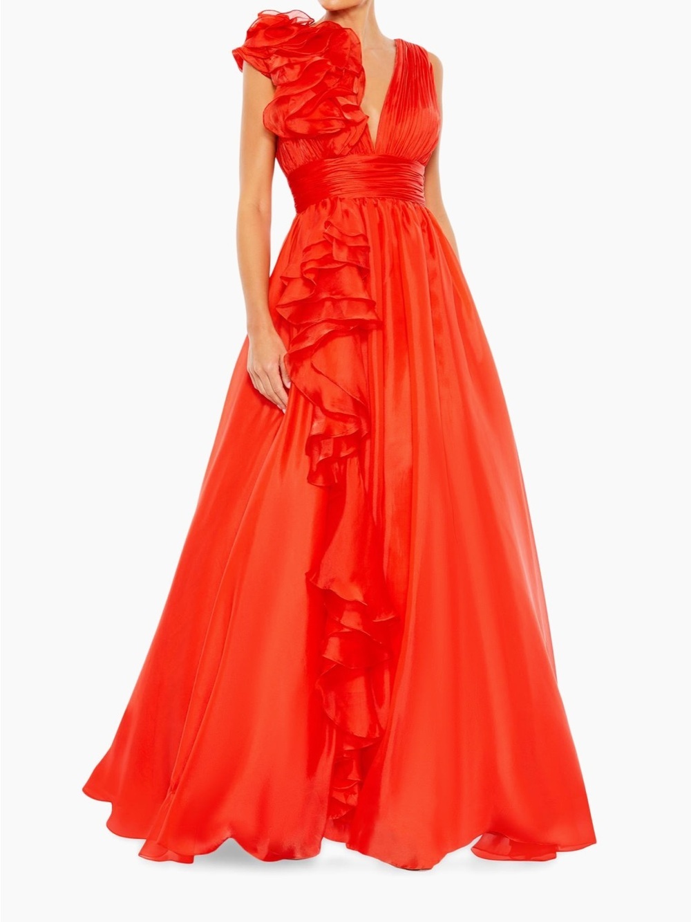 Red Ruffle Shoulder V-Neck Chiffon Gown size 4